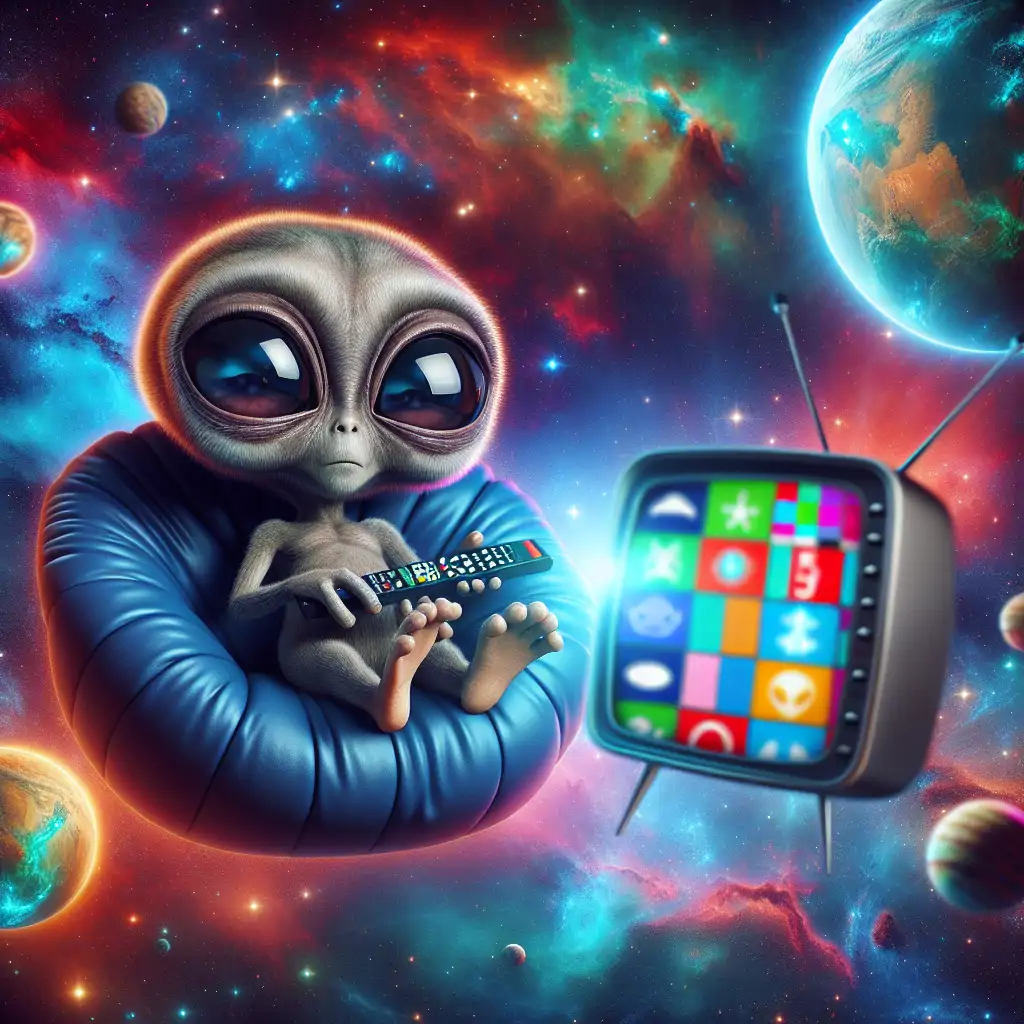 Aliens sitting on a cosmic couch watching television with Earth channels visible on the screen