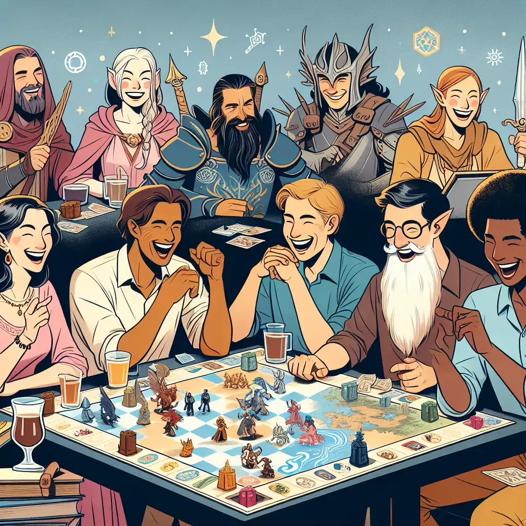 Illustration of players around a table, engrossed in a game of *Small World*, laughing and plotting next moves.