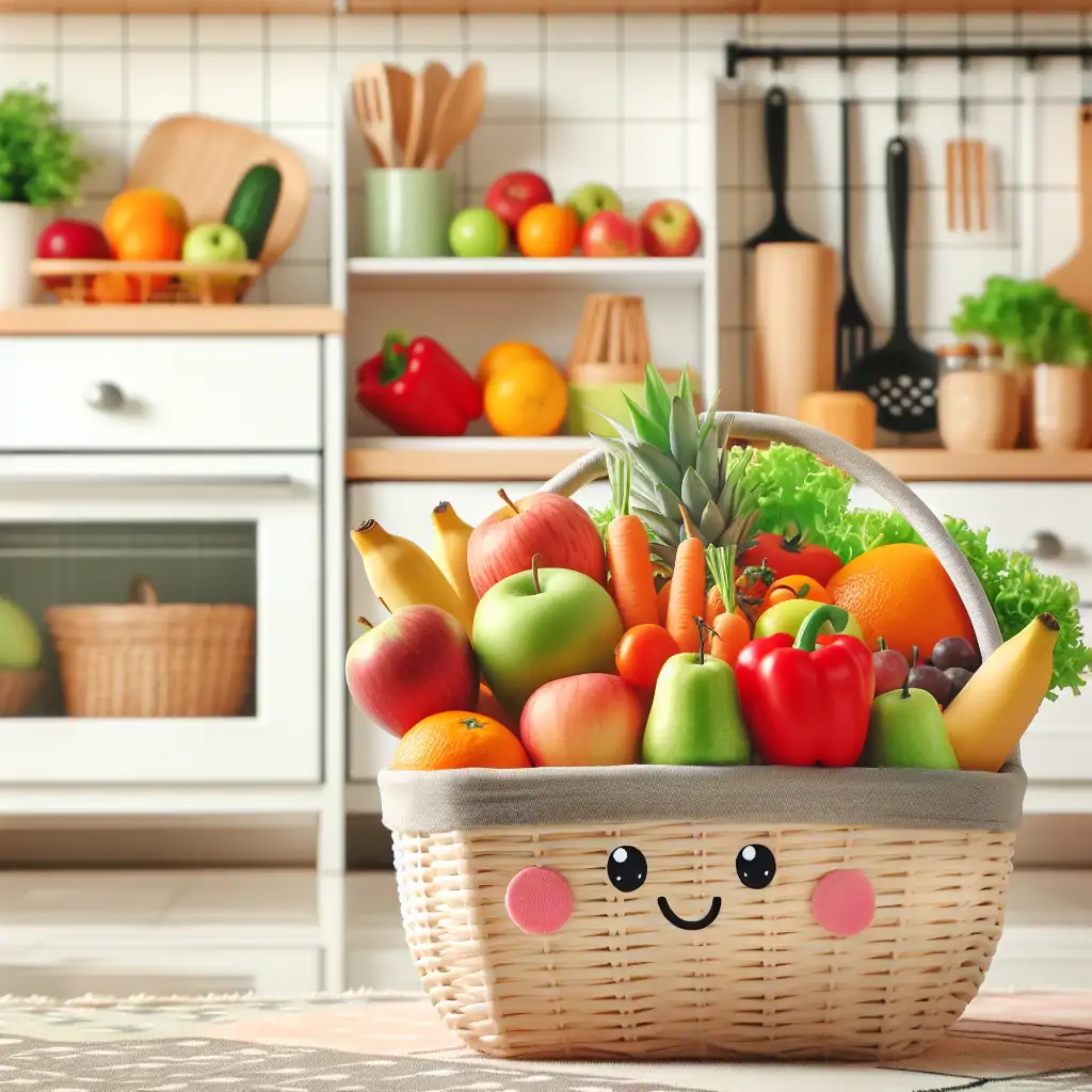 A vibrant basket of fruits and vegetables in a well-organized kitchen.