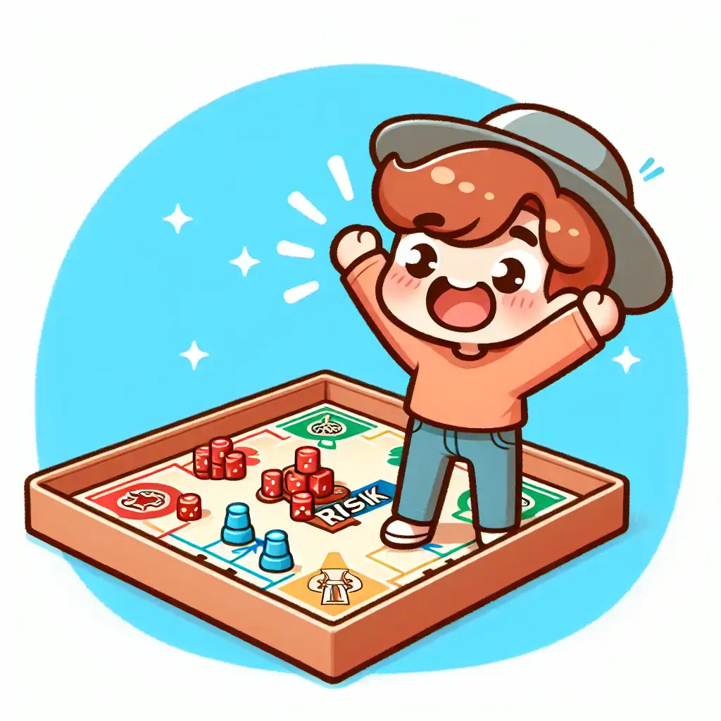 Victorious player celebrating with arms raised over a completed Risk board.