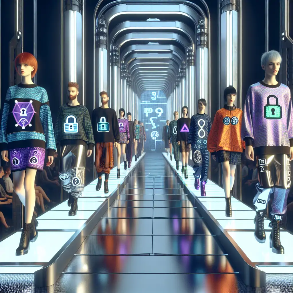 A futuristic fashion catwalk featuring models in crypto-themed outfits