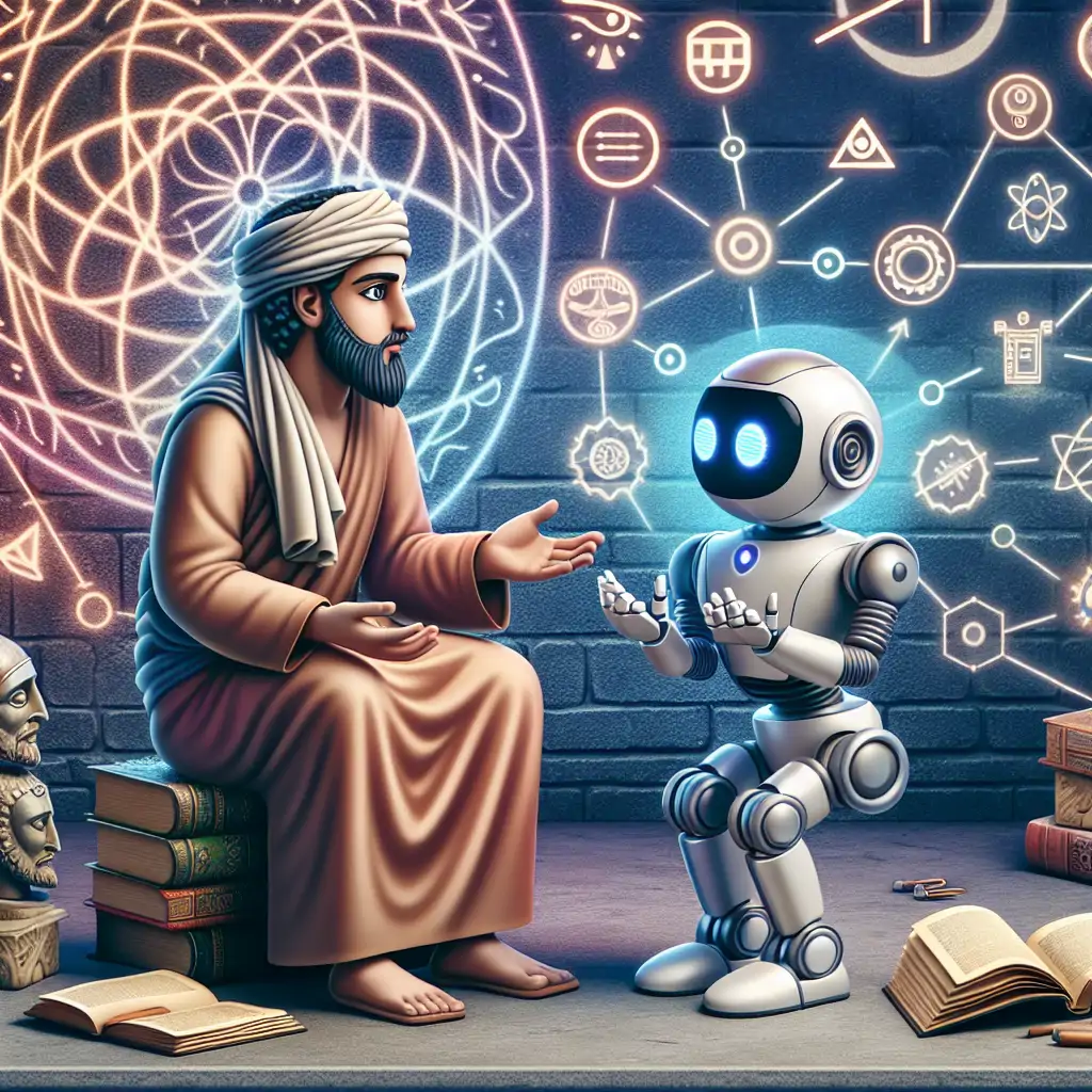 A conceptual image of a philosopher and a robot in harmonious dialogue amidst symbols of ancient and modern technology.