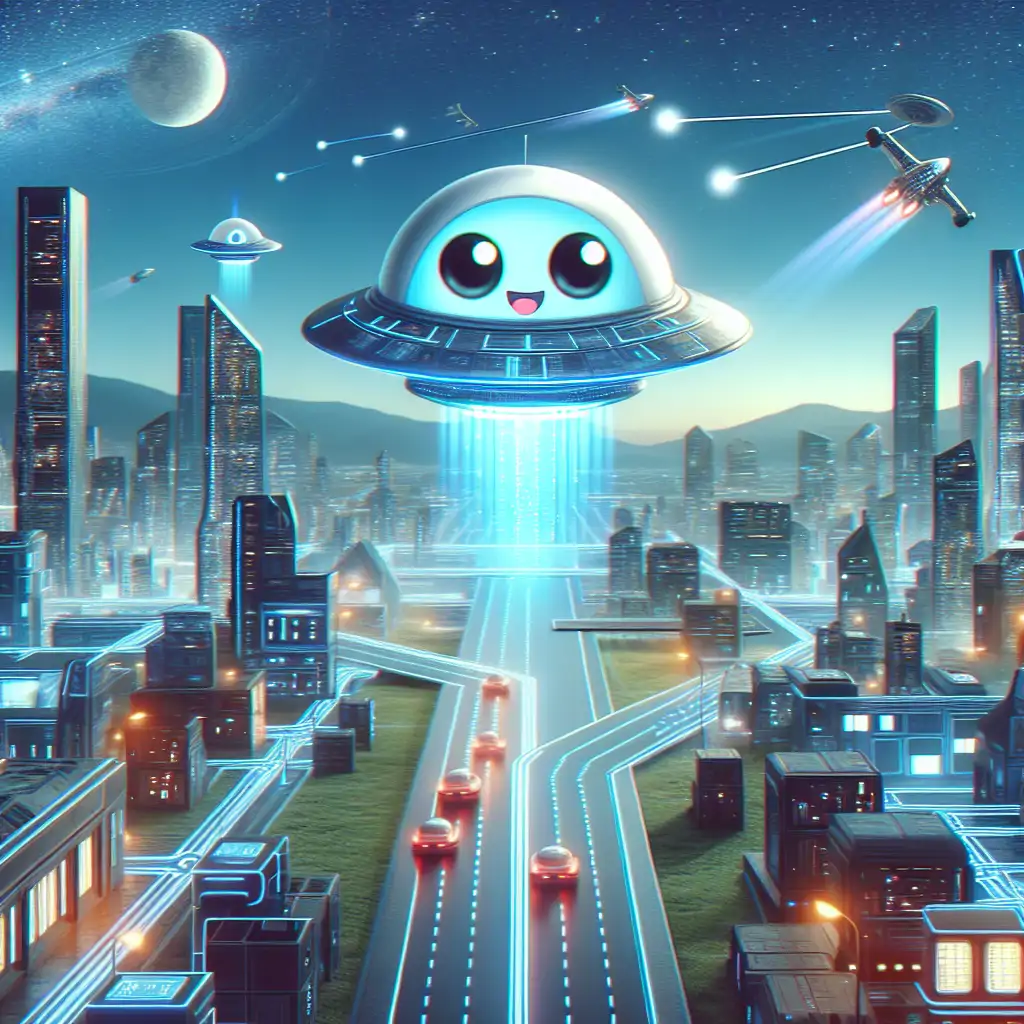 A futuristic cityscape with alien spacecraft using advanced technology to navigate different timelines.