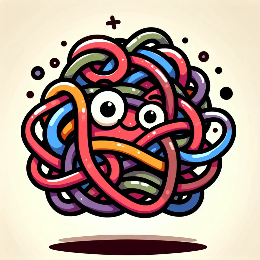 A whimsical cartoon of a tangled brand logo with humorous elements.