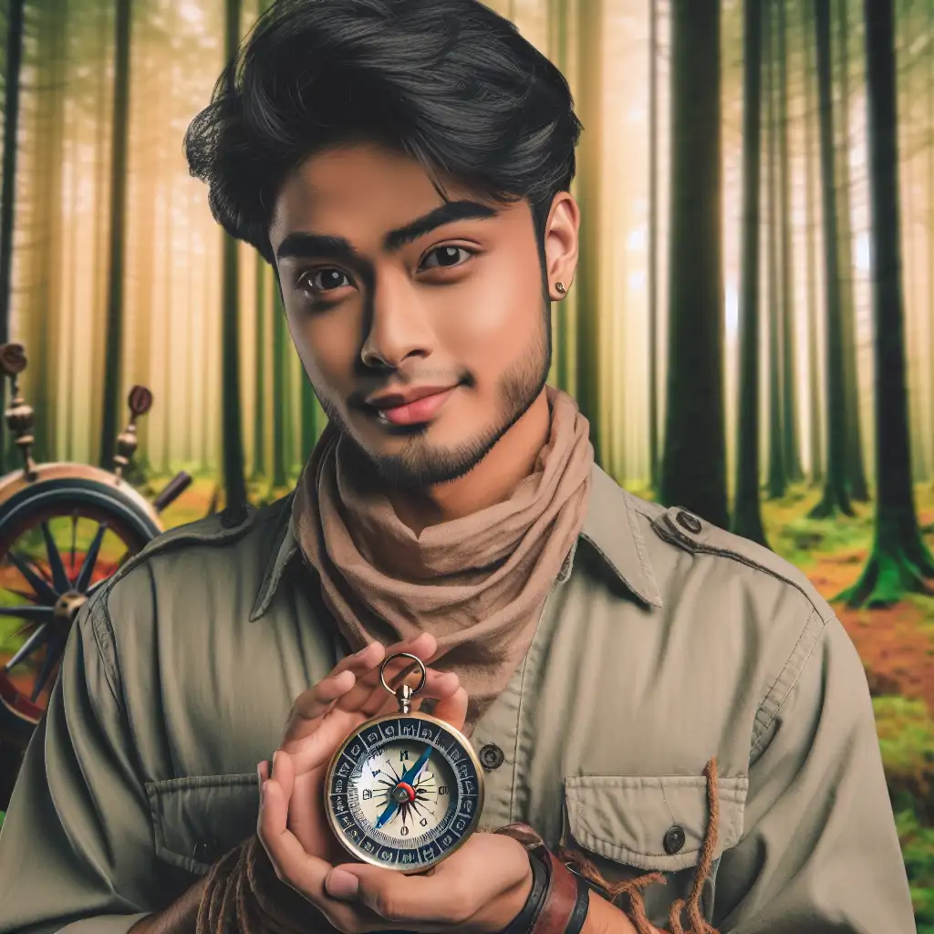 An explorer holding a traditional compass against a scenic forest backdrop.