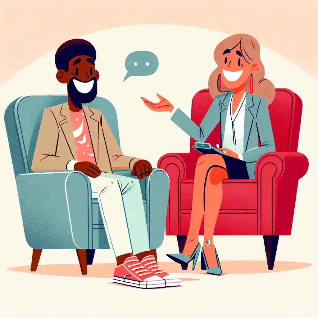 A cartoon drawing of a psychologist and client laughing together in a therapy session.