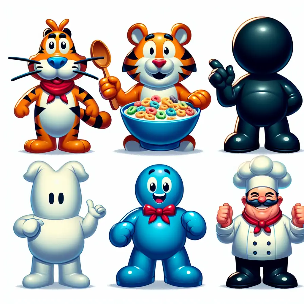 A collage of famous brand mascots including Tony the Tiger, Michelin Man, and the Pillsbury Doughboy.