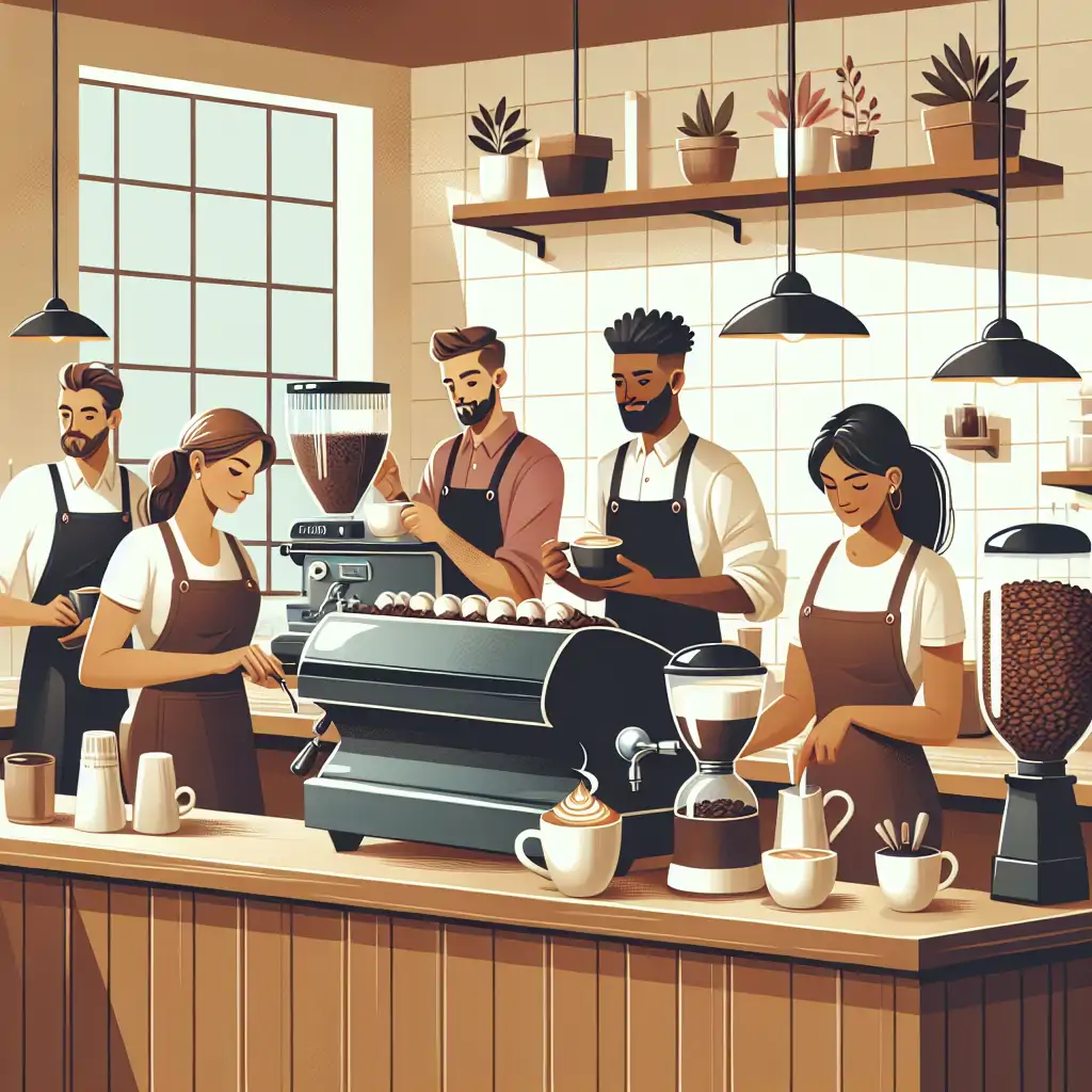 An image of a hip coffee shop with baristas crafting different coffee beverages.