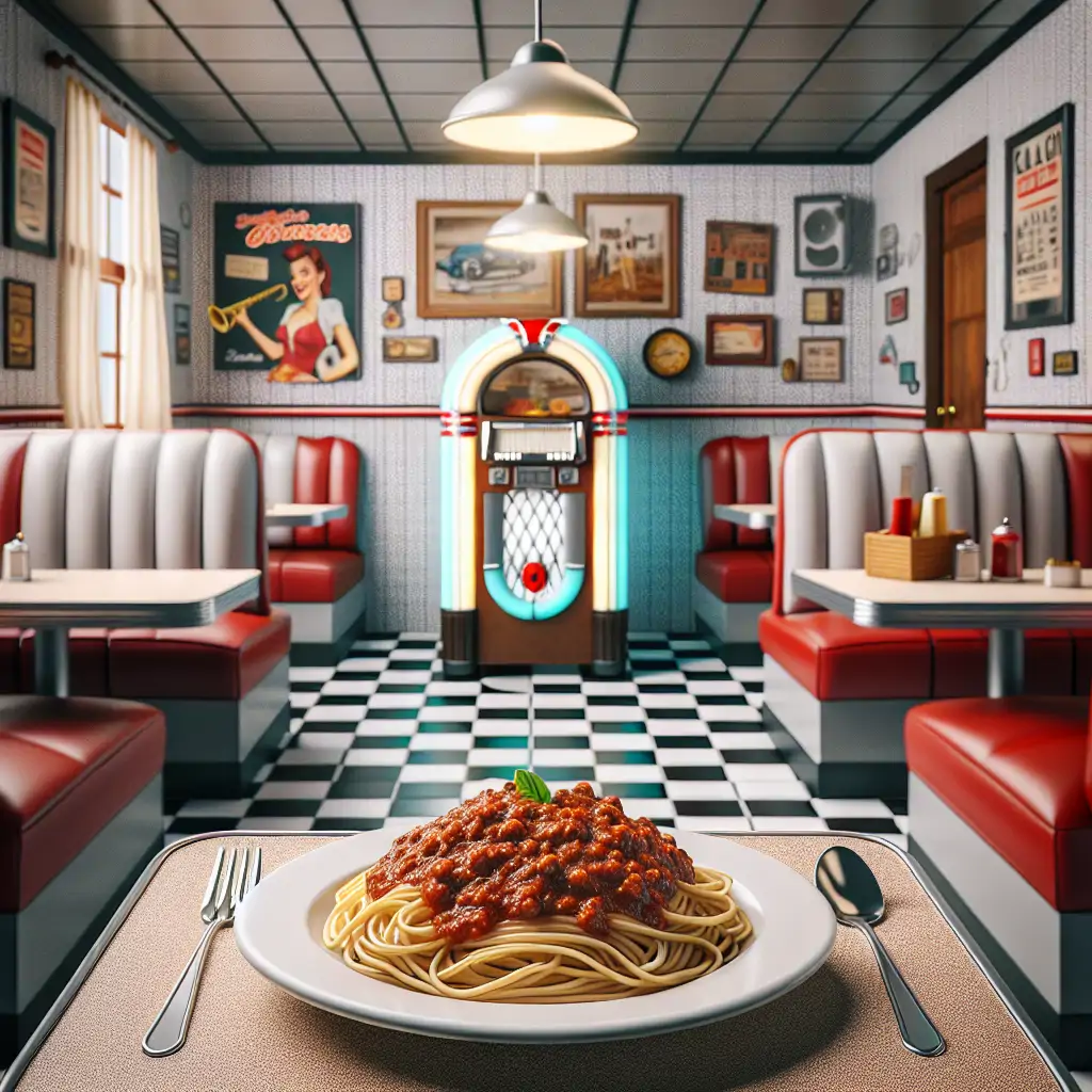 A 1950s diner setting with a plate of classic spaghetti Bolognese.