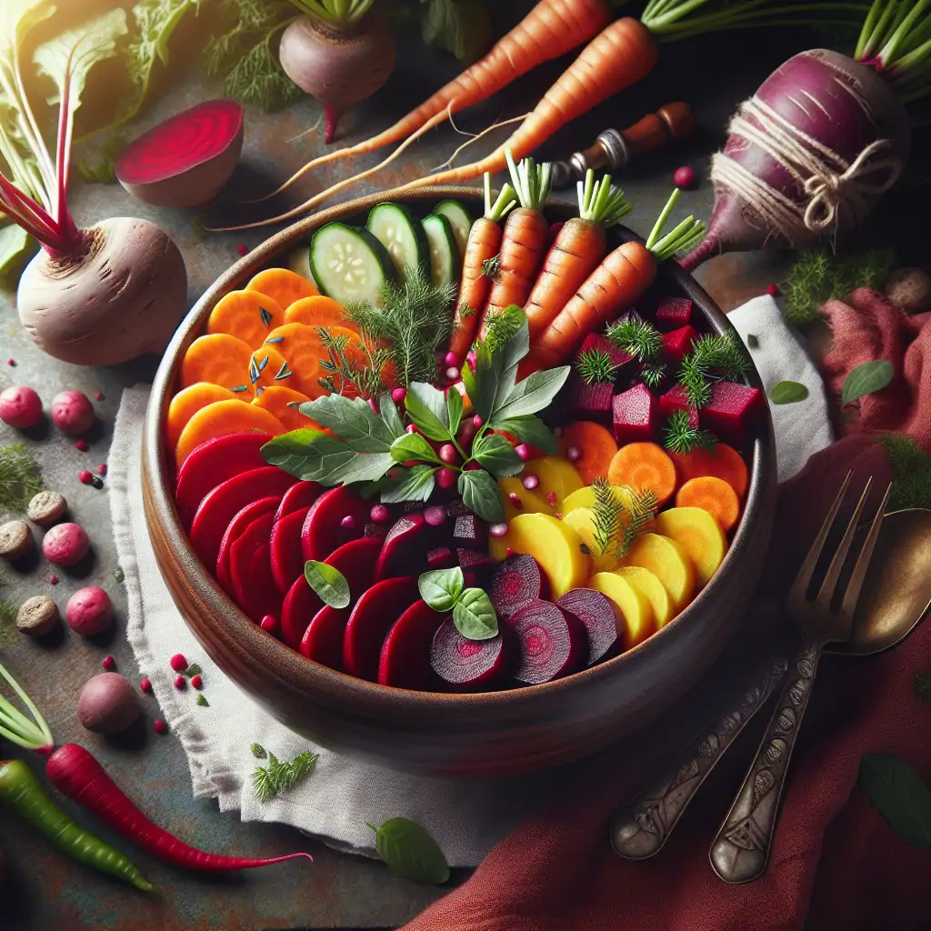 A vibrant bowl of Vegan Parsnip and Beet Skål, showcasing bold colors and garnished with fresh Nordic herbs, reflecting a mythical feast.