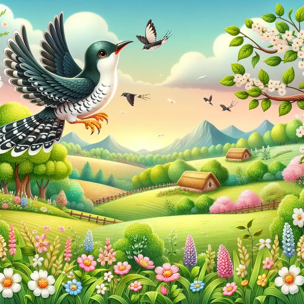 An enchanting landscape with a cuckoo flying over blossoming spring fields, embodying the spirit of renewal and folklore.