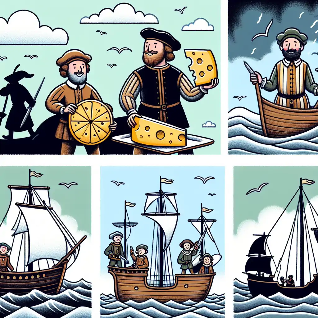 A collection of historical illustrations depicting medieval sailors with cheese wheels aboard ships, amidst stormy seas and clear skies.