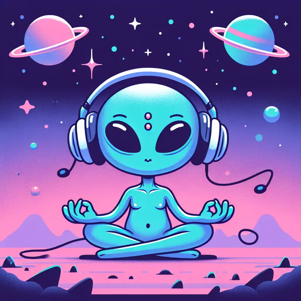 Illustration of an alien with headphones tuning into cosmic waves