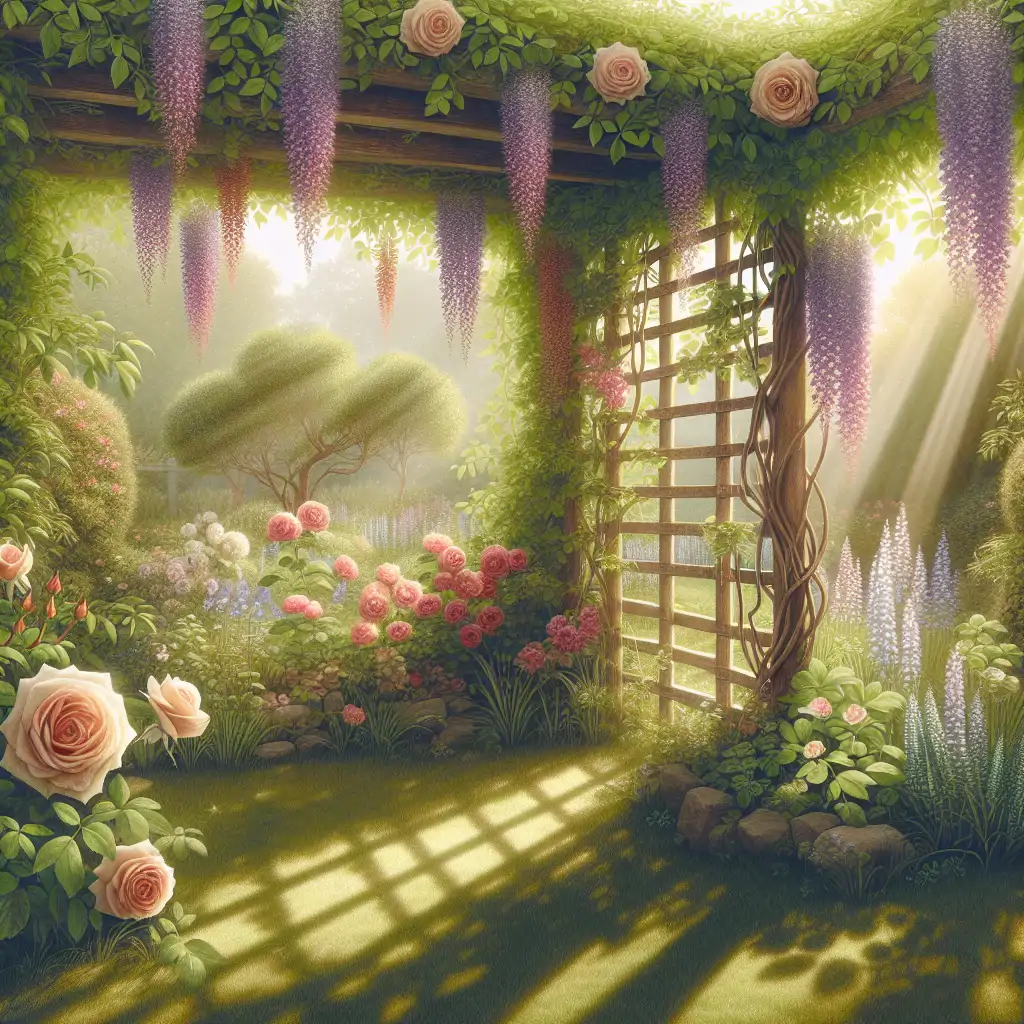 A sunny garden scene showcasing various climbing vines intertwined around a wooden pergola.