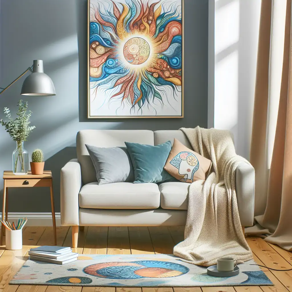 An inviting therapy room with a cozy couch and vibrant art on the walls.