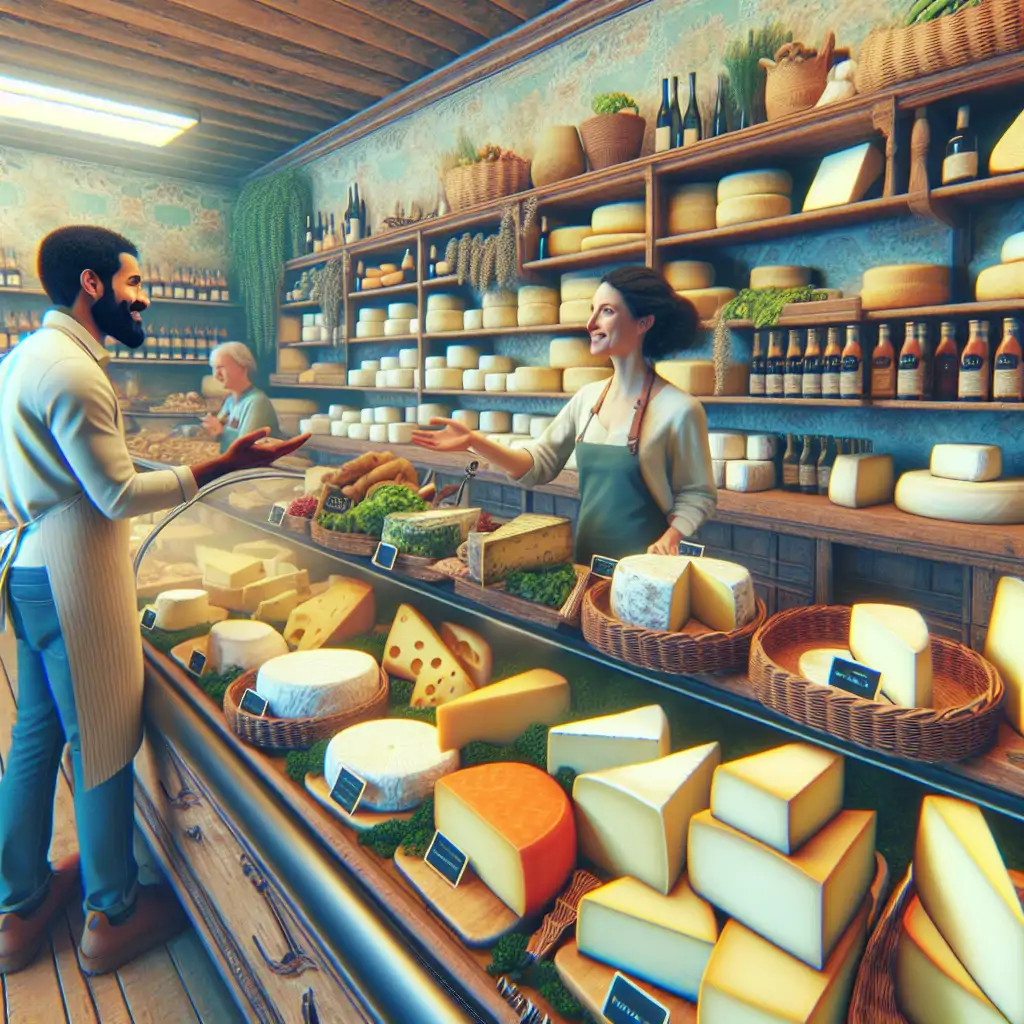 A detailed visual of a cheese shop with various types of cheese labeled and displayed elegantly, along with a cheesemonger interacting with a customer.