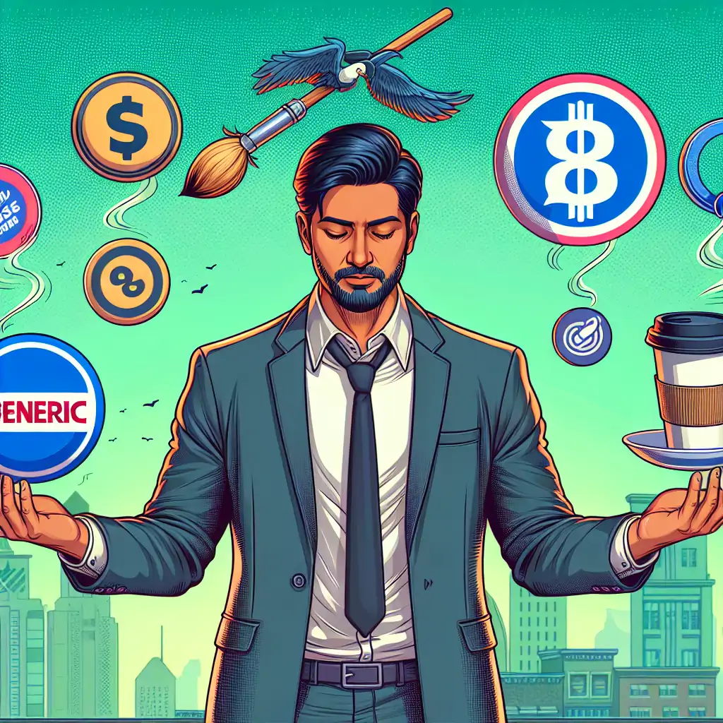 An entrepreneur juggling a brand logo and a coffee cup, symbolizing balance in budget branding.