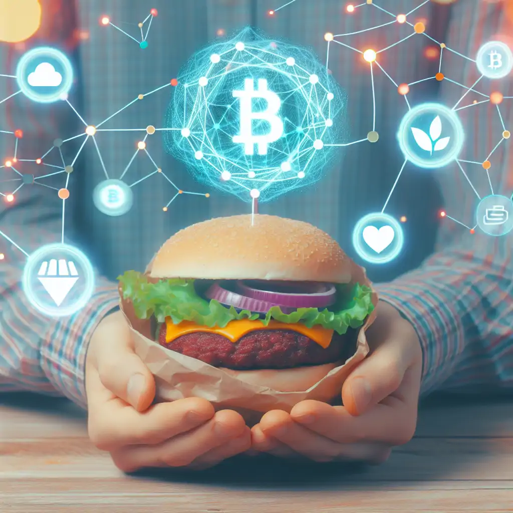 Person holding a burger with digital blockchain network overlay.