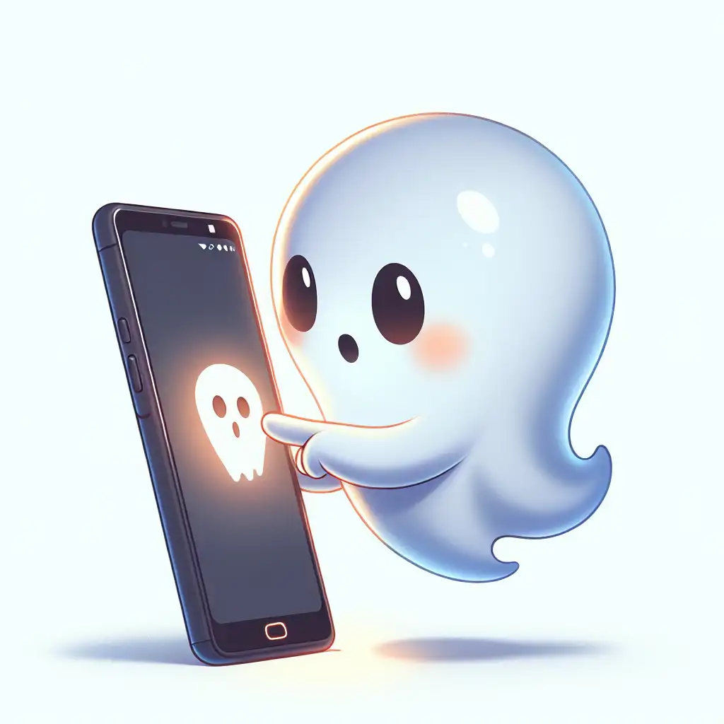 A cartoon-like ghost interacting with a smartphone