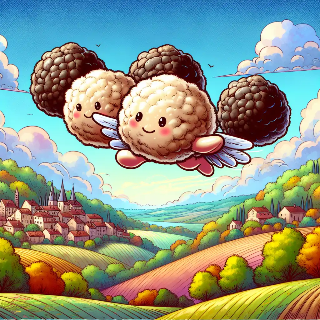 A whimsical cartoon showing Truffles flying above a French countryside landscape.