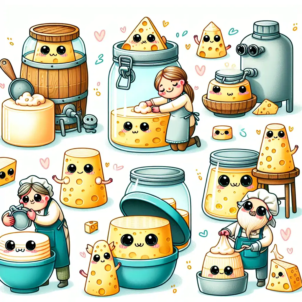 A whimsical illustration showing cheese fermenters with googly eyes, treated as beloved pets by their cheese-loving owners.