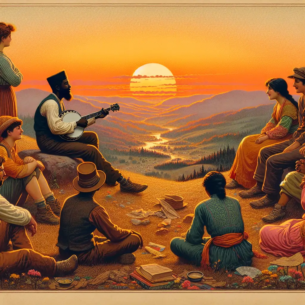 A sunset scene where a group of hikers sits on a hill with a banjo, enjoying the scenic view.