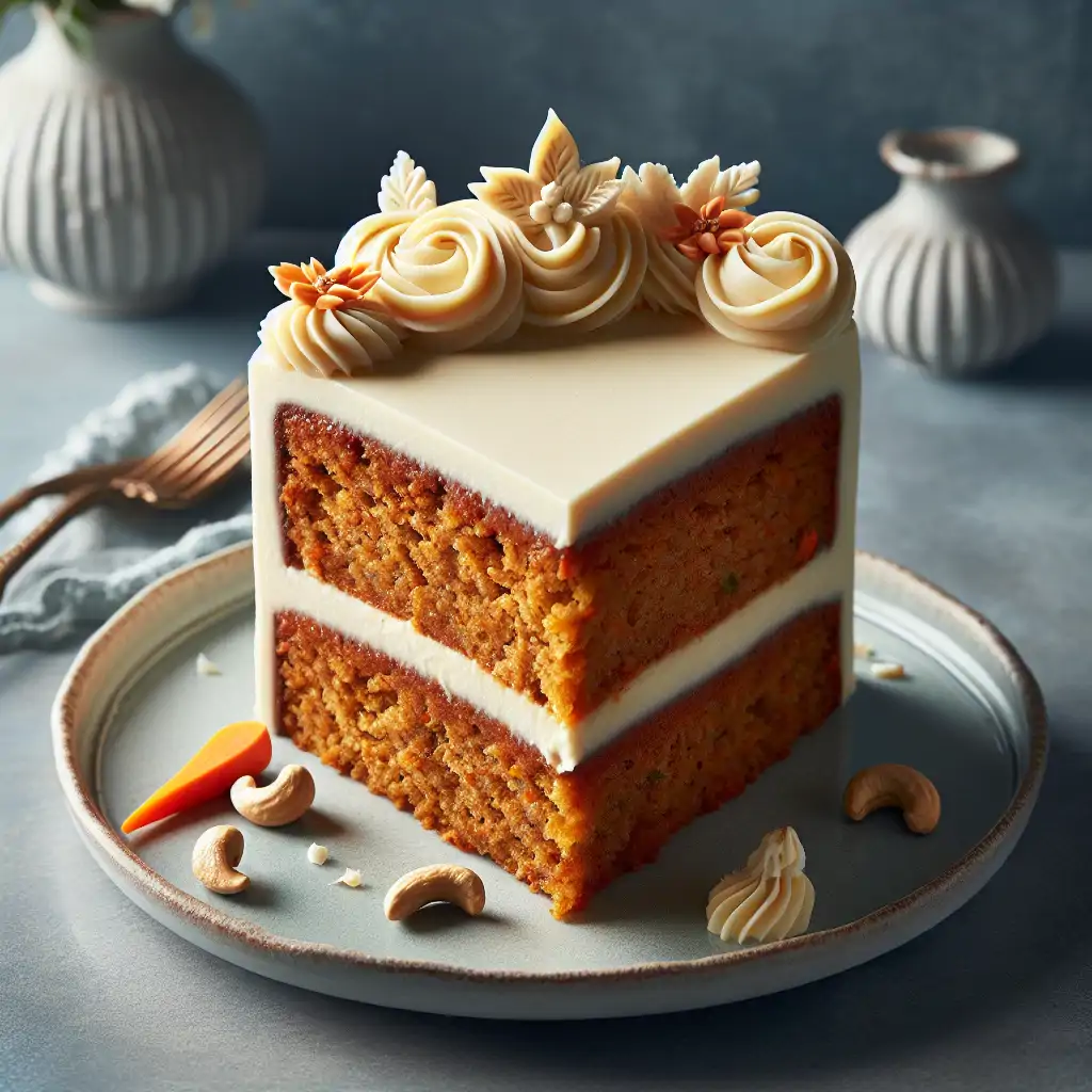 A beautifully presented slice of vegan carrot cake with cashew frosting