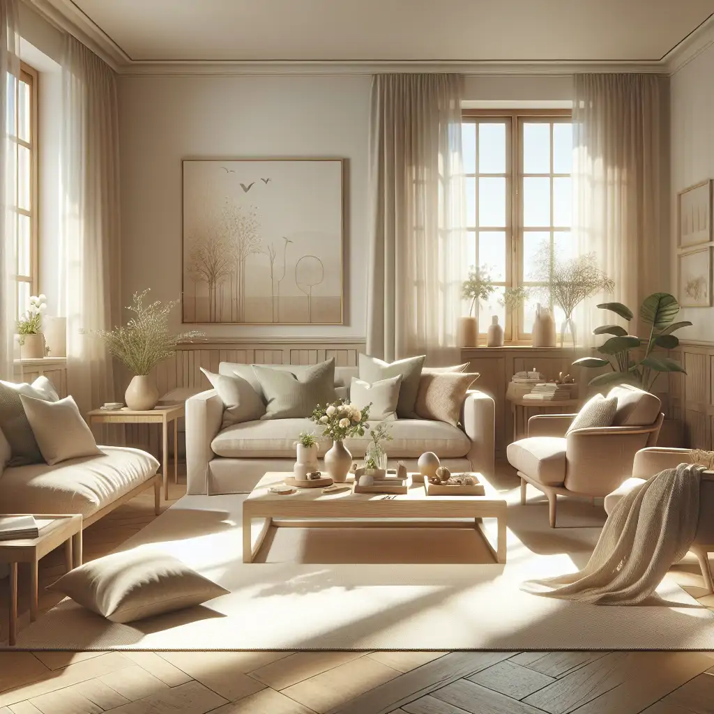 A cozy and inviting living room, filled with natural light and a subtle, natural ambiance.