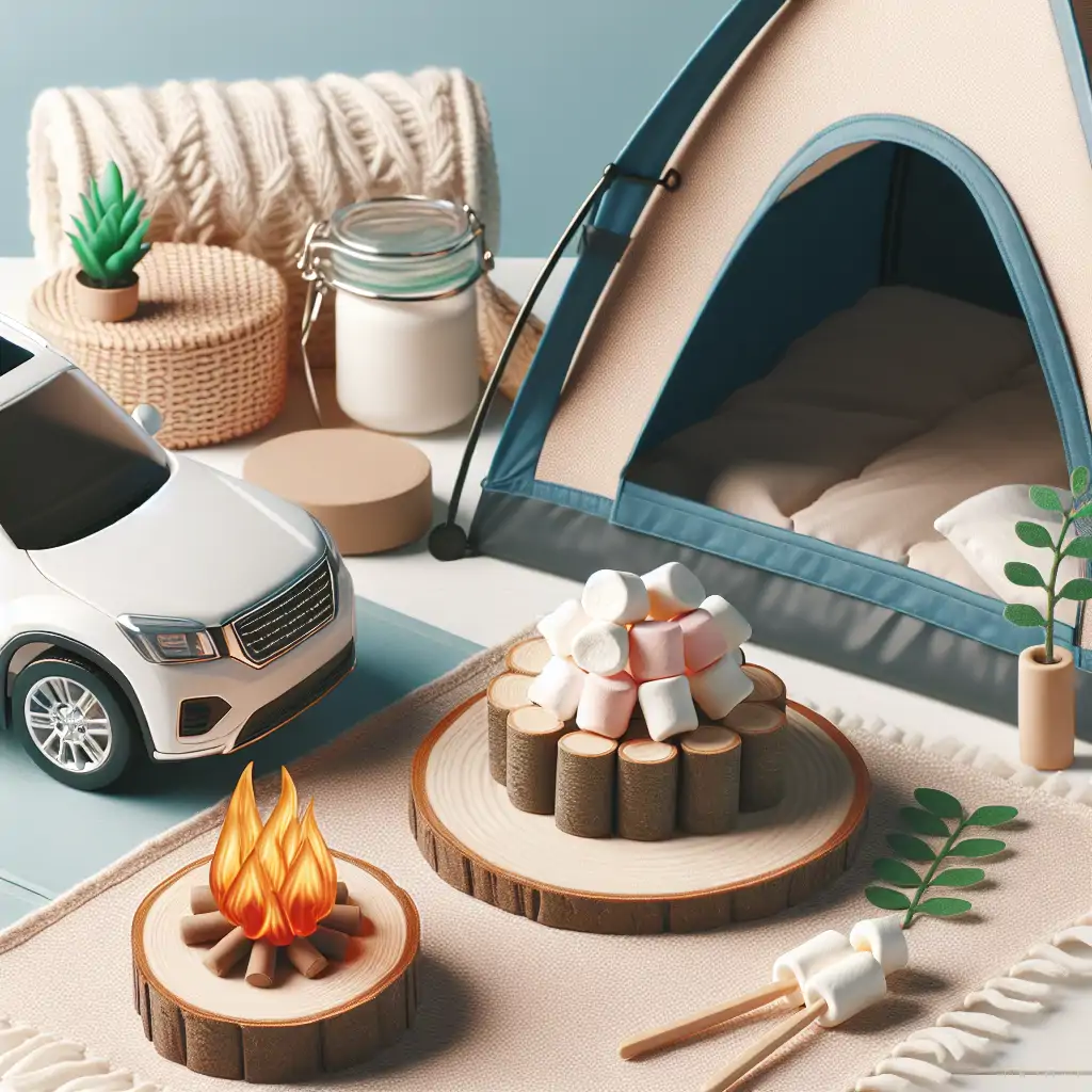 A cozy car camping setup with a tent, campfire, and marshmallows.