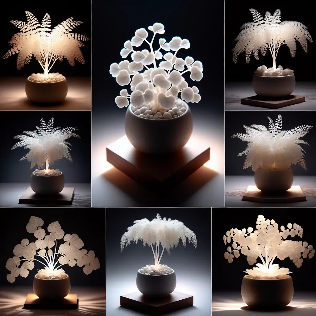 A collection of albino plants with their distinctive white foliage glowing under soft lighting.