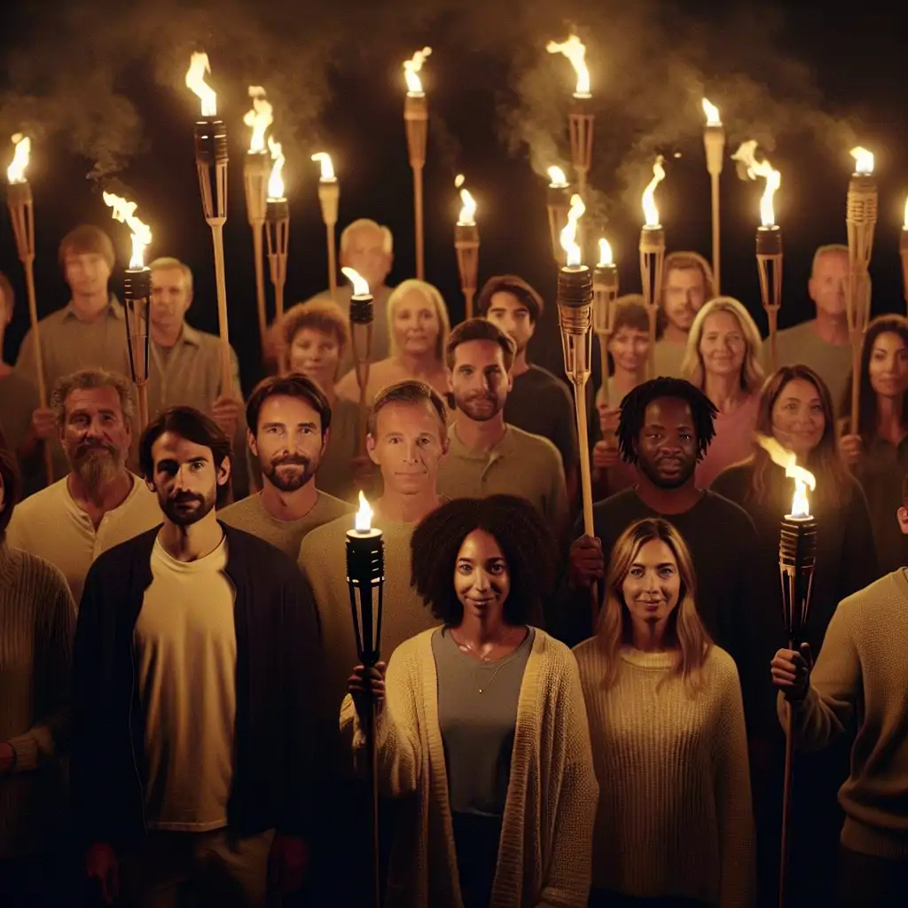 A group of diverse people holding lit torches, symbolizing unity and the fight against cyberbullying.