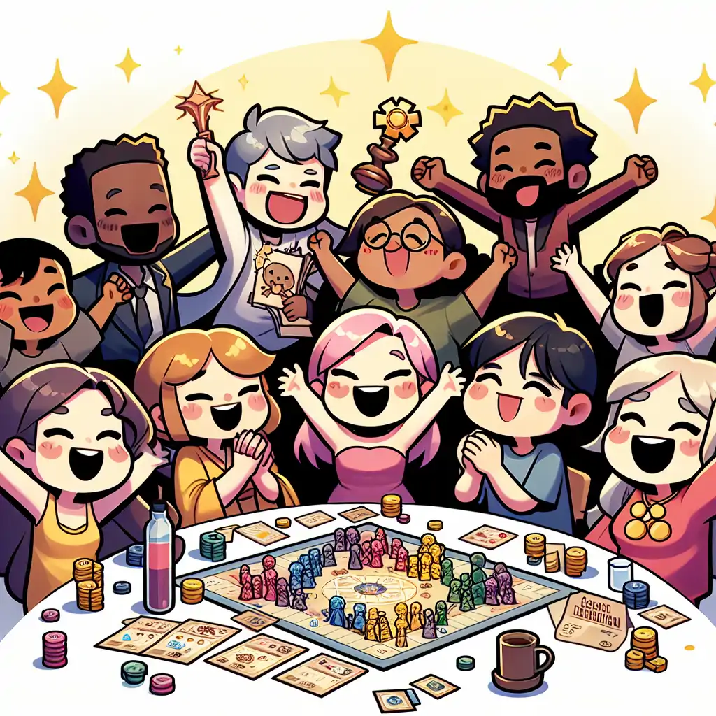 A group of happy players celebrating a successful conclusion to a game of Mysterium, with high-spirits and camaraderie.