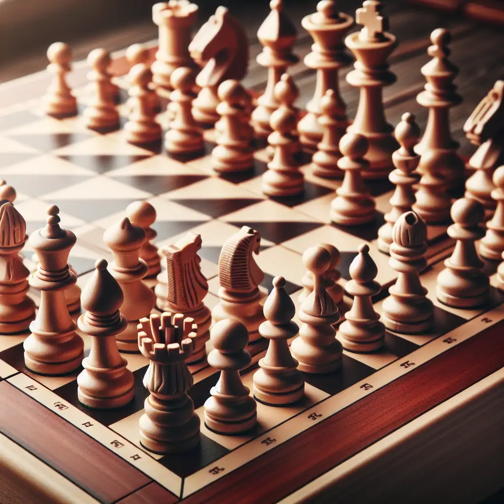 A beautifully set up chess board with wooden pieces ready for a strategic battle.