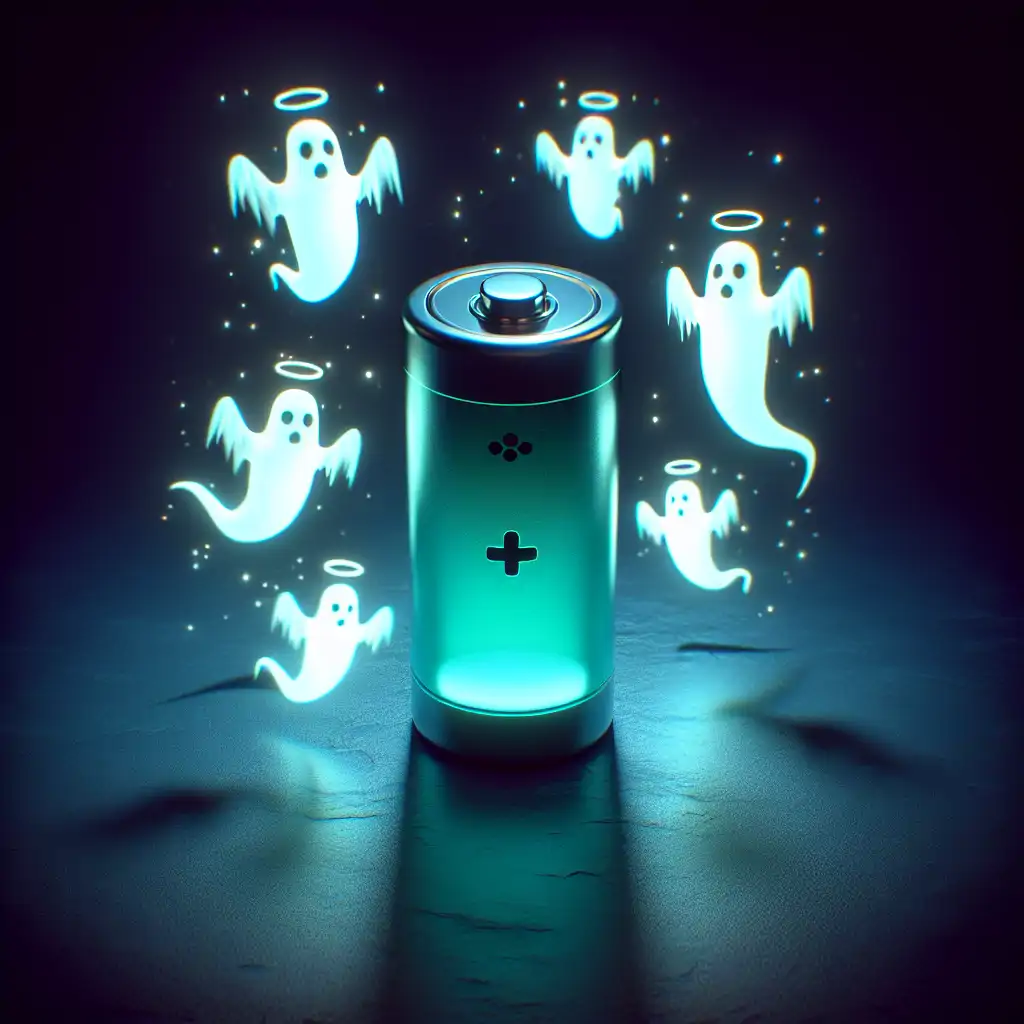 An eerie, glowing battery with ghostly apparitions surrounding it.
