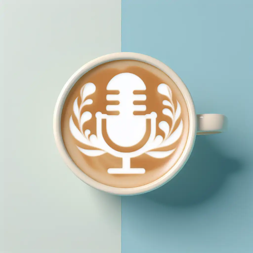 A steaming cup of coffee with a latte art design shaping the outline of a microphone.