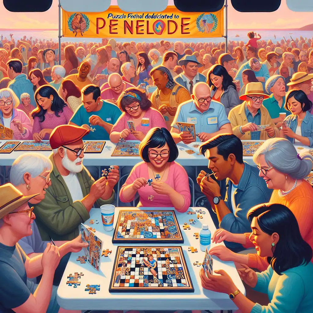 A bustling scene from Penelope's puzzle festival, showcasing diverse participants engaged in various challenges.