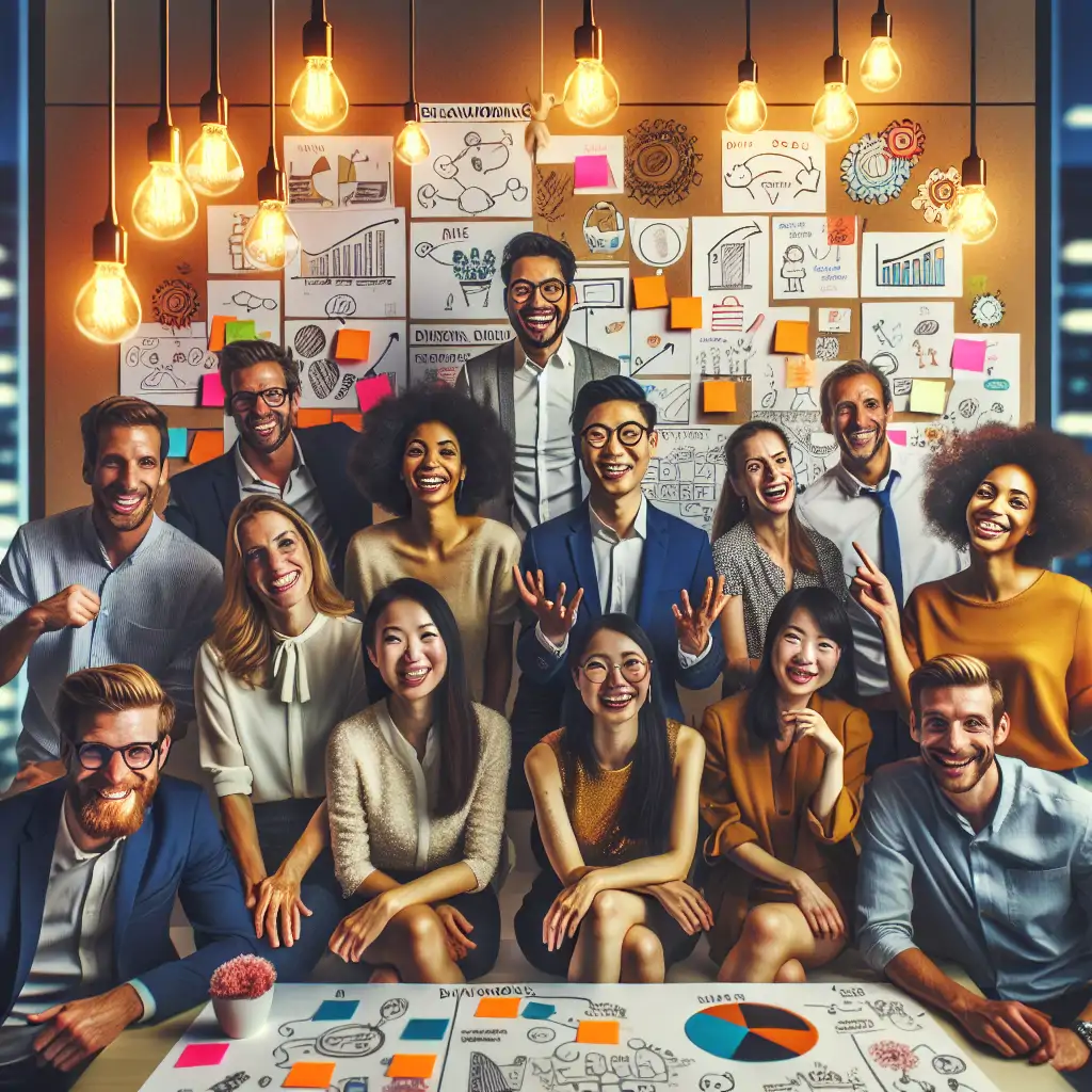 A group of professionals engaged in a lively brainstorming session, surrounded by creative visual tools and warm lighting.