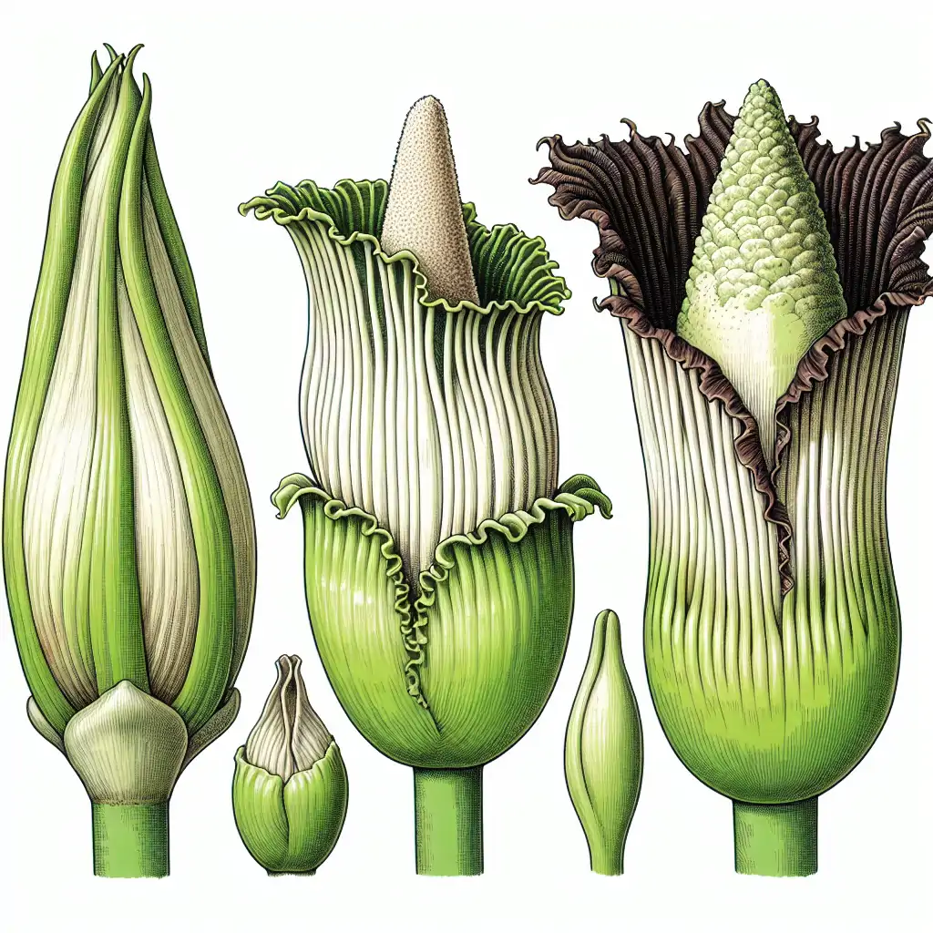 A collection of different stages of a Corpse Flower bloom, including the bud, full bloom, and decay stages.