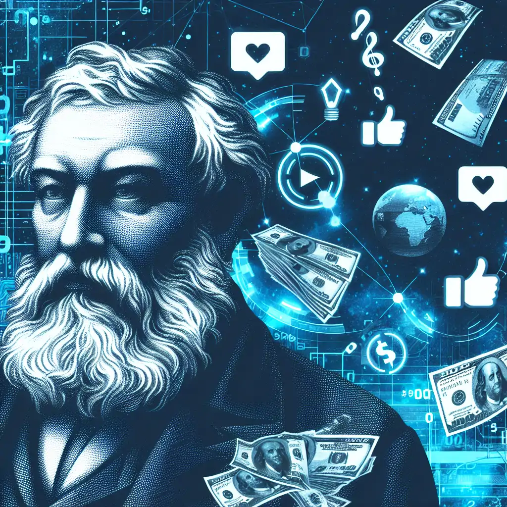 A modern collage featuring Karl Marx with Snapchat filters, Instagram likes, and dollar bills raining down.