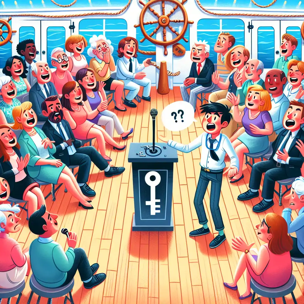 A chaotic yet lively scene of passengers laughing and discussing as a presenter hilariously stands in confusion looking for a lost key, set against a background of nautical décor.
