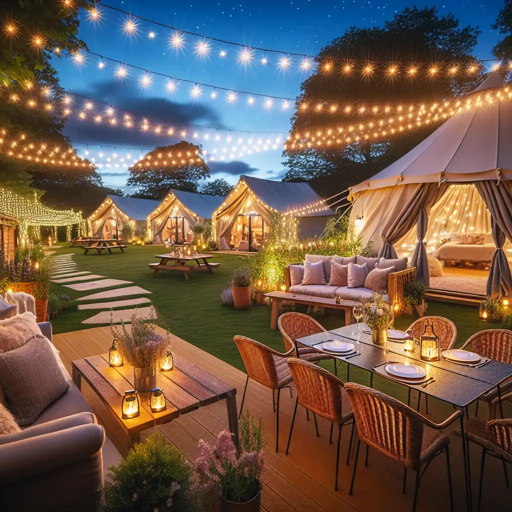 A picturesque glamping site with fairy lights and a luxurious outdoor dining area.