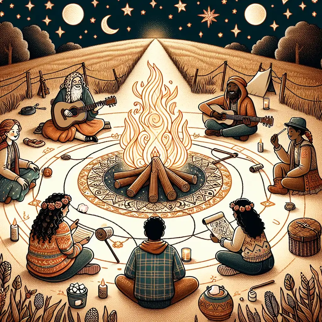 An illustration of a campfire with people gathered, symbolizing the communal and captivating nature of storytelling.