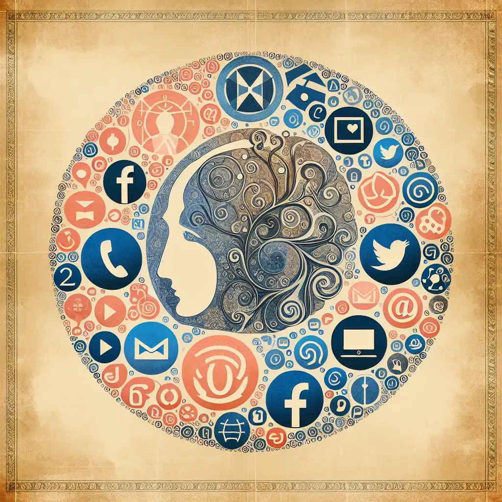A collage of social media icons with philosophical symbols interwoven, representing the intersection of digital and ancient wisdom.