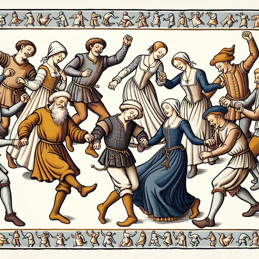 A medieval illustration of townsfolk engaged in an uninhibited dance frenzy.