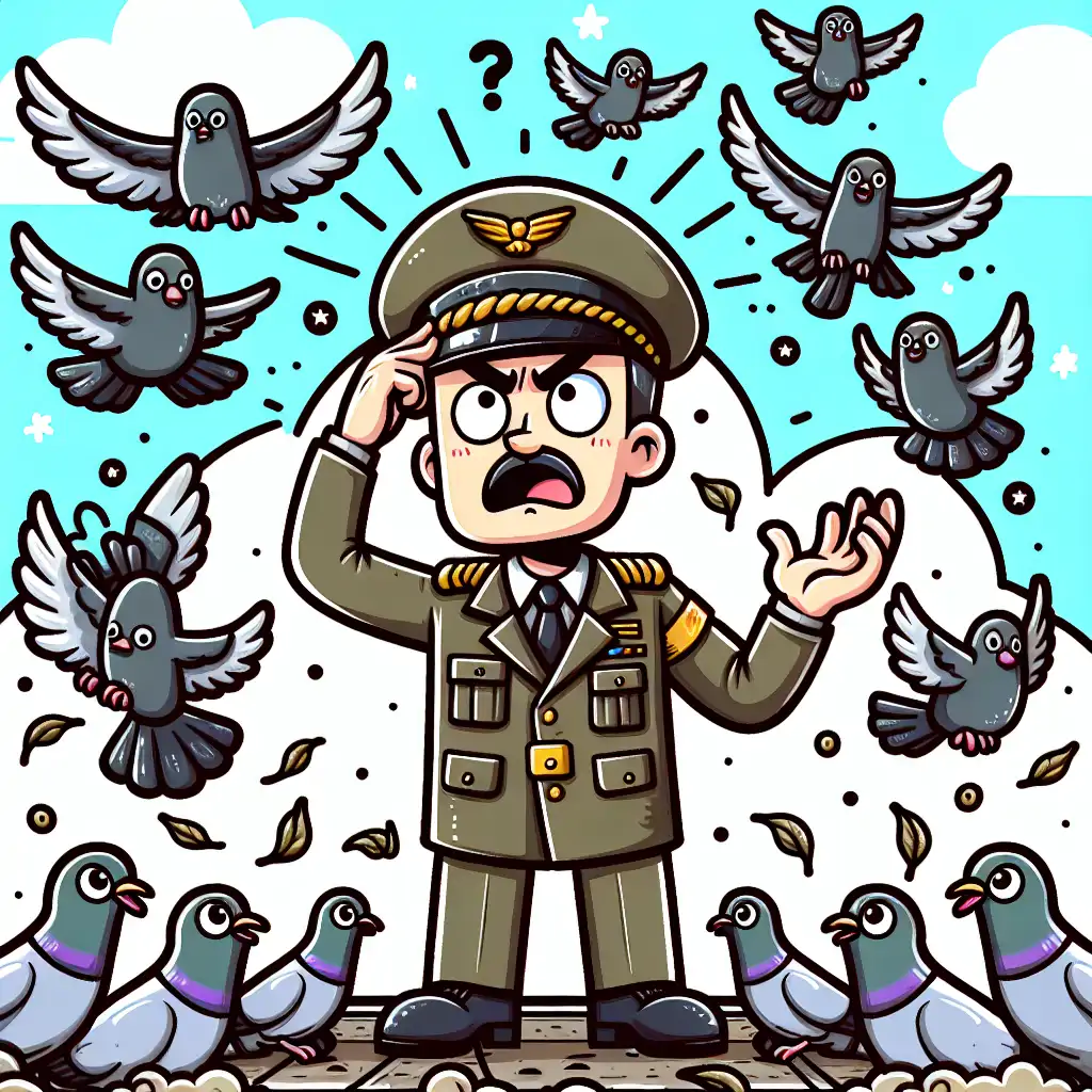 A cartoon illustration of pigeons soaring chaotically above a confused military officer.