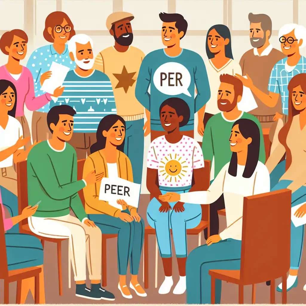 A group of people in a community workshop about peer support strategies.