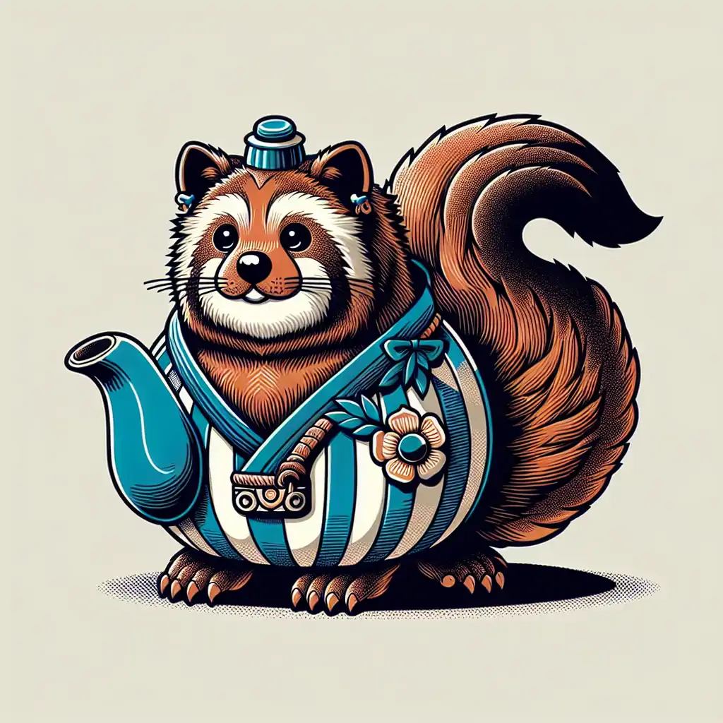 An artistic depiction of a Tanuki cleverly disguised as a teapot, adding a playful touch to its mythical attributes.