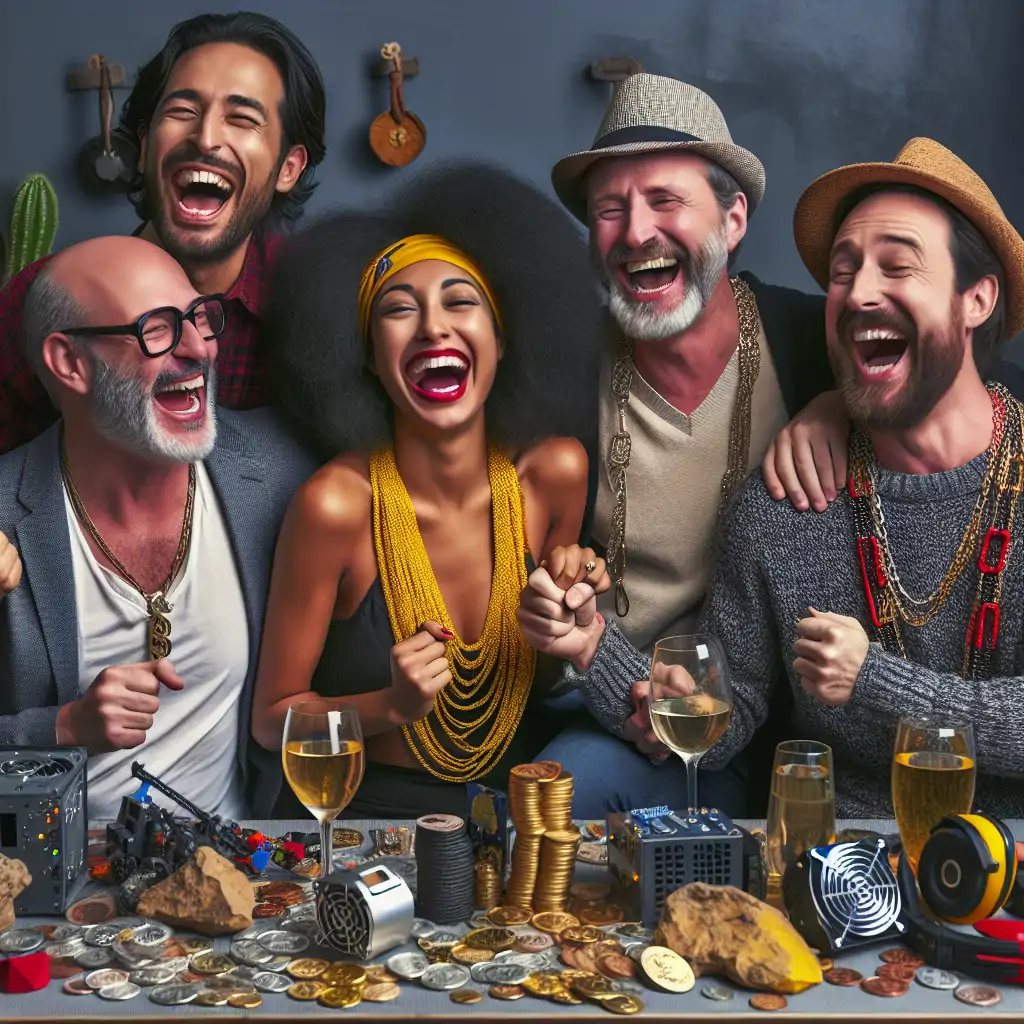 A cheerful group of friends laughing together at a table cluttered with mining equipment and quirky memorabilia, symbolizing the spirit of camaraderie and joy in the crypto community.