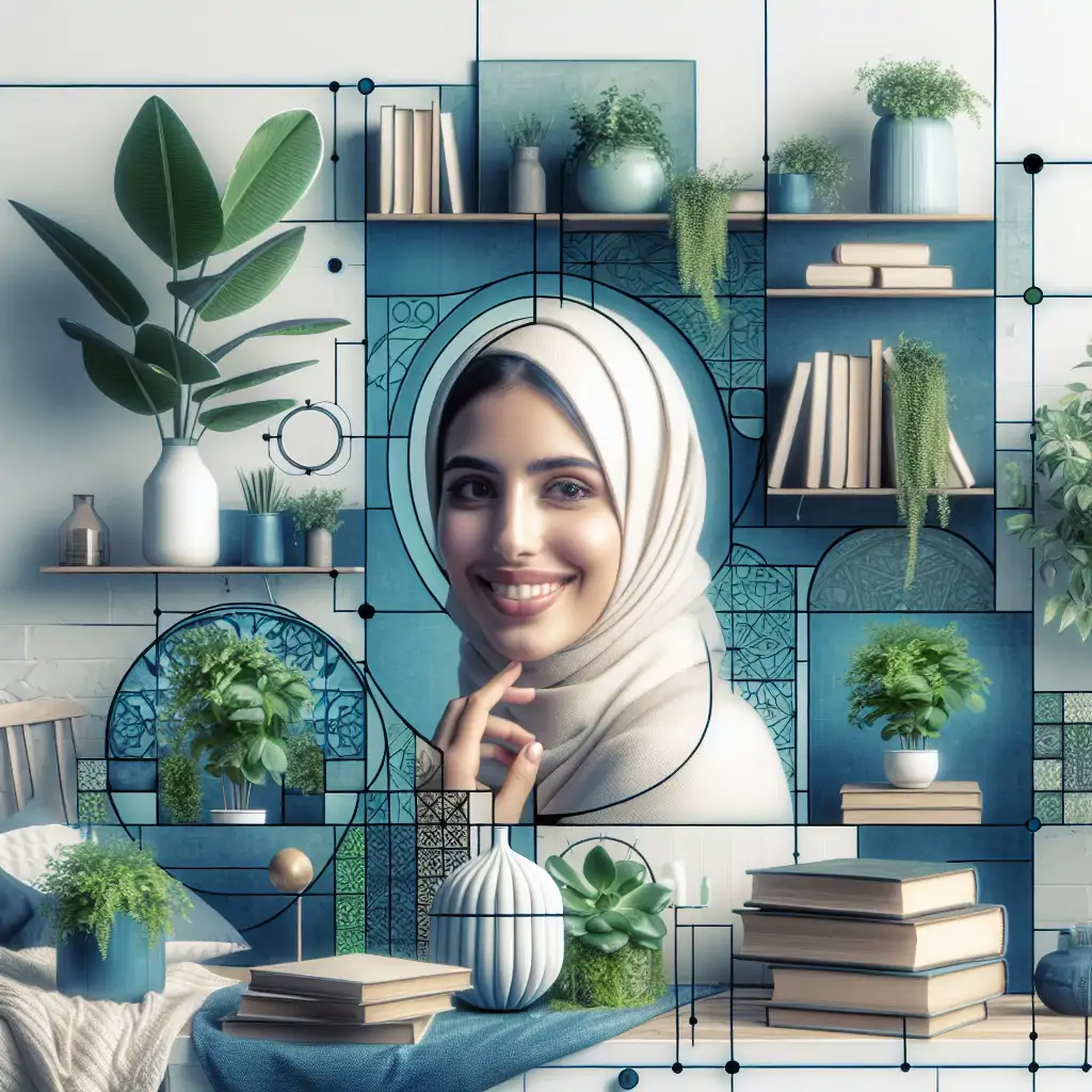 A harmonious blend of a modern home with nature—a person relaxed and smiling, surrounded by plants, books, and minimalistic decor, epitomizing the balance of ancient wisdom and modern living.