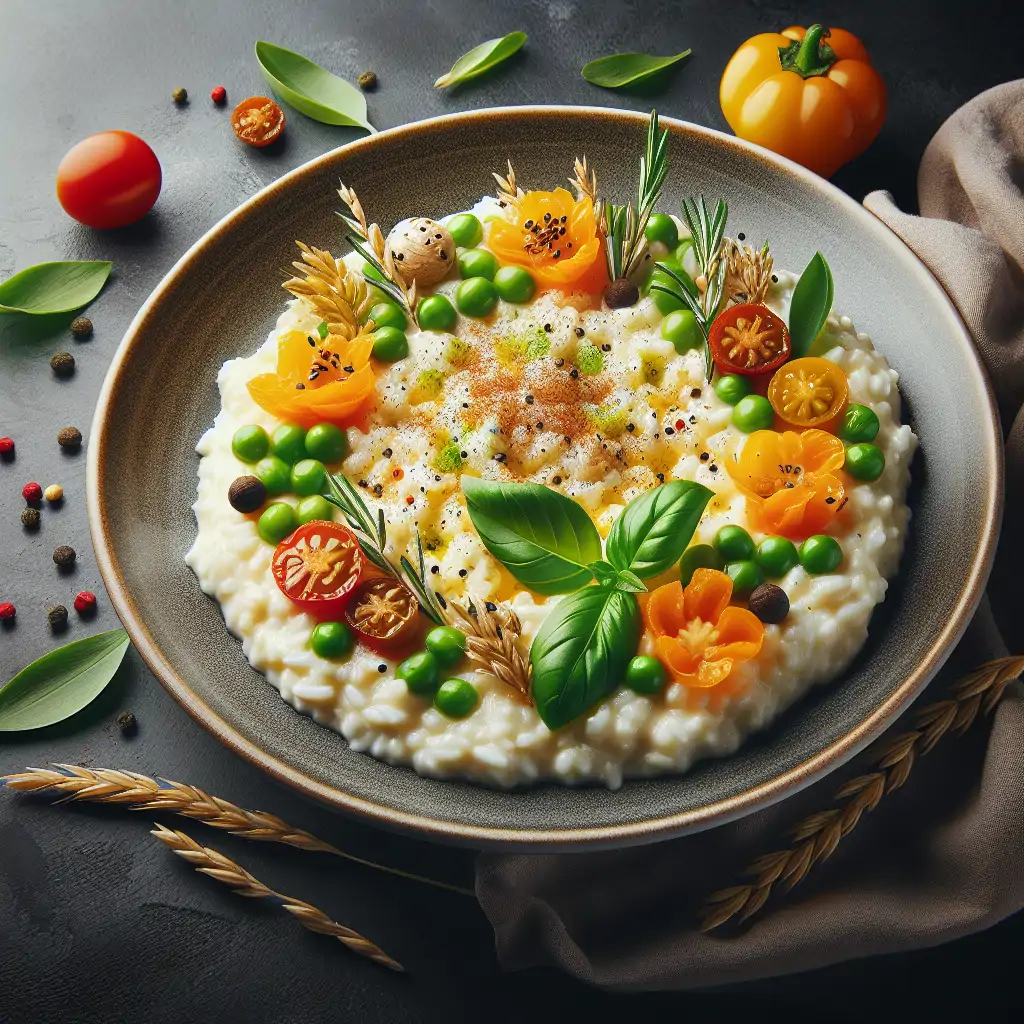 A beautifully plated risotto dish showcasing its creamy texture and vibrant toppings.